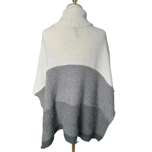 Vince Camuto Colorblock Turtleneck Sweater Grey White Poncho Shrug Thick Warm OS - Picture 12 of 16